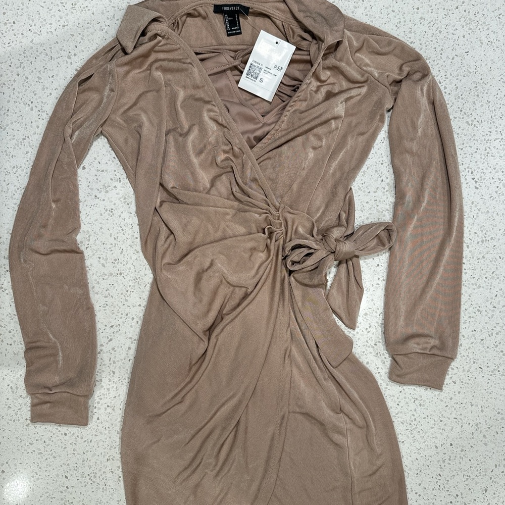 Forever 21 Taupe Long Sleeve Wrap Dress